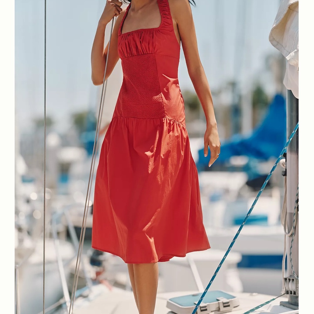 Anthropologie x Celandine Sleeveless Smocked Open Back Midi Dress XS Red